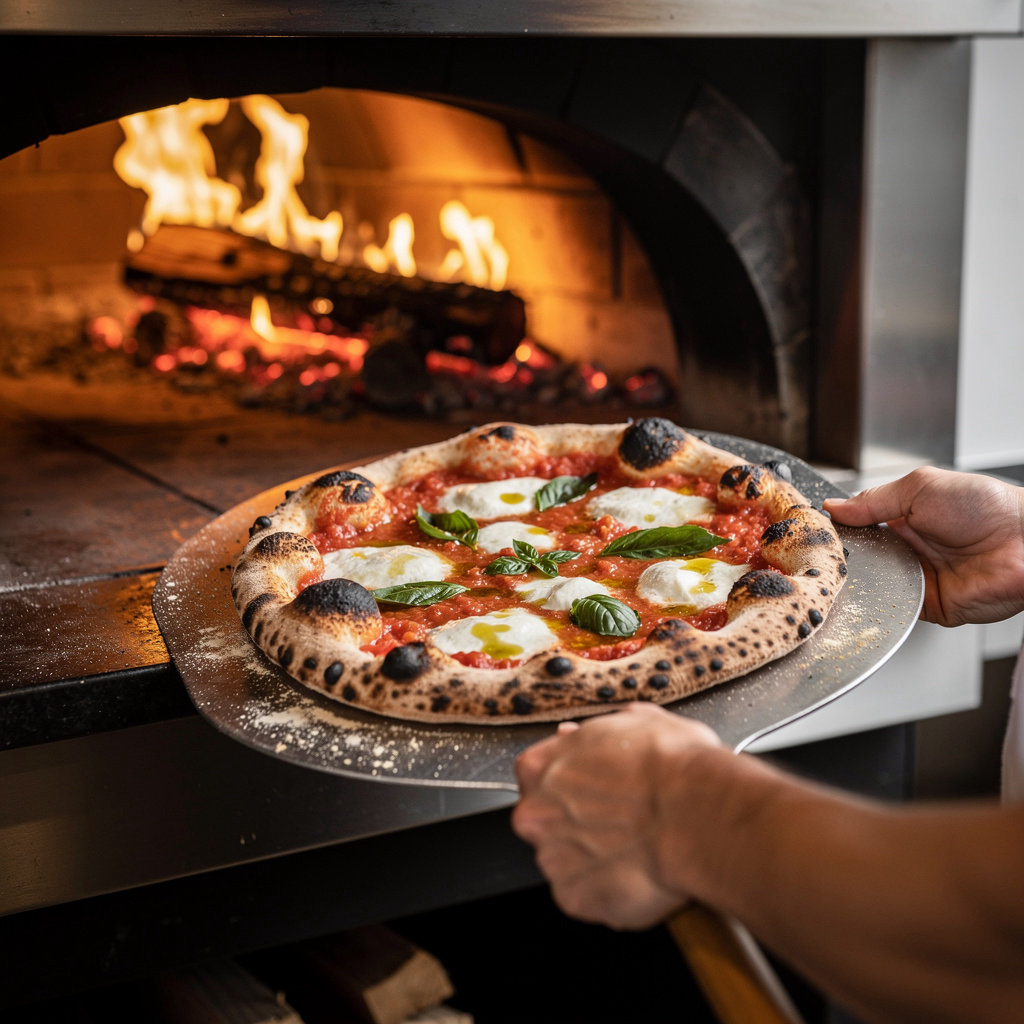 Lunar Oven Austin wood-fired pizza oven at 800 degrees creating perfectly blistered artisanal crust